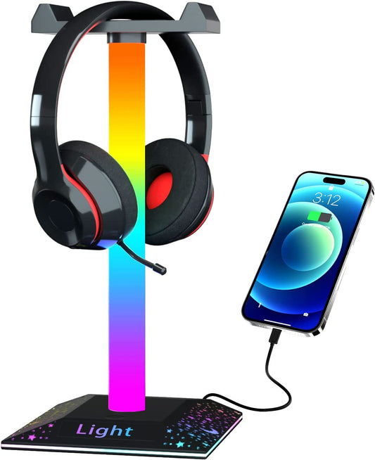 RGB Headset Stand Desk Accessories, Headphone Holder with 1 Type-C Port and 1 USB Port, Headphone Stand with 10 Light Modes and Non-Slip Rubber, Best Gift for Husband, Kids, Boyfriend