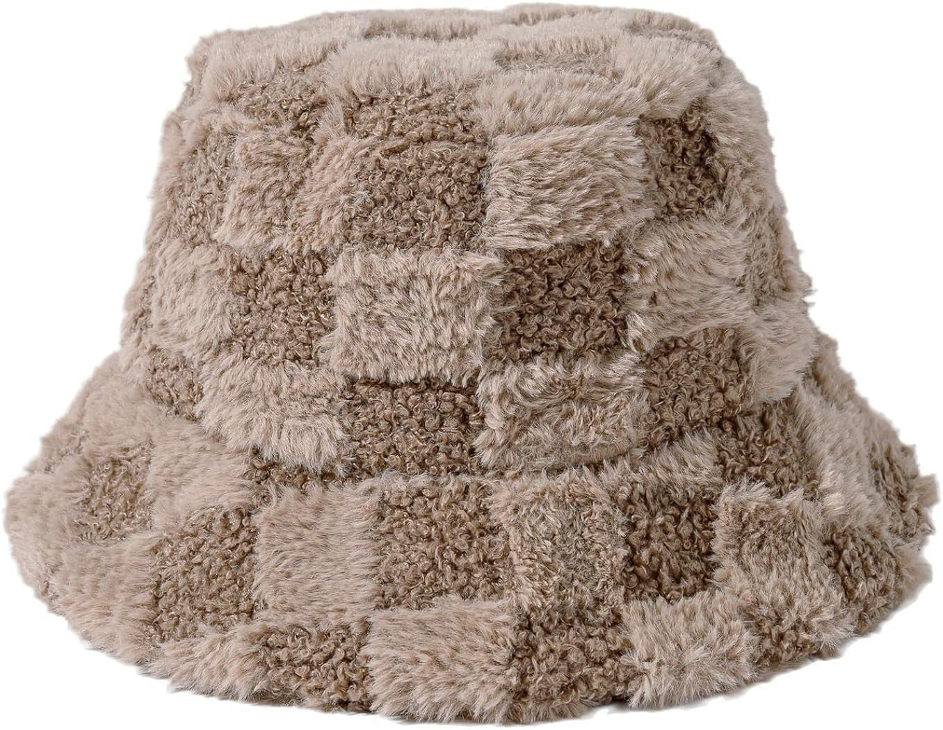 Plush Fisherman Hat for Women Fuzzy Chessboard Bucket Hat Wide Brim Fluffy Warm Cap for Fall Winter Gift 2023