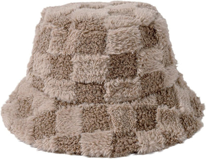 Plush Fisherman Hat for Women Fuzzy Chessboard Bucket Hat Wide Brim Fluffy Warm Cap for Fall Winter Gift 2023