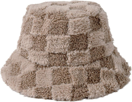 Plush Fisherman Hat for Women Fuzzy Chessboard Bucket Hat Wide Brim Fluffy Warm Cap for Fall Winter Gift 2023