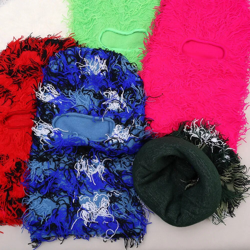  Balaclava Distressed Knitted Caps Full Face Ski Mask Women/Men Outdoor Camouflage Fleece Fuzzy Ski Balaclava BeaniesHat