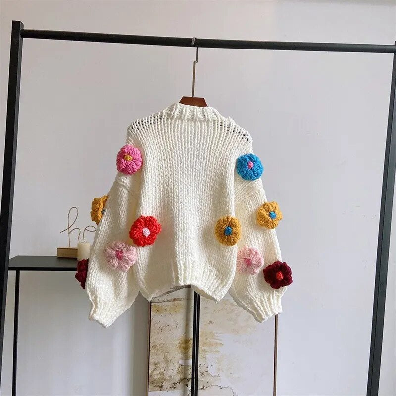 Flower Cardigan Sweater Women's Long Sleeve Crop Knit Sweater 