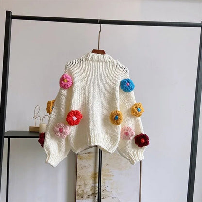 Flower Cardigan Sweater Women's Long Sleeve Crop Knit Sweater 