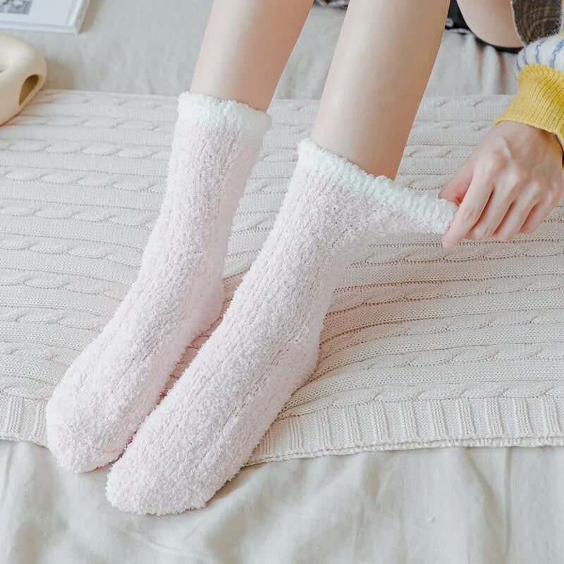 4 Pairs Winter Warm Fluffy Fuzzy Socks Thick Thermal Soft Kawaii Cold Resistance Mid Socks Coral Fleece Floor Sleep Sock